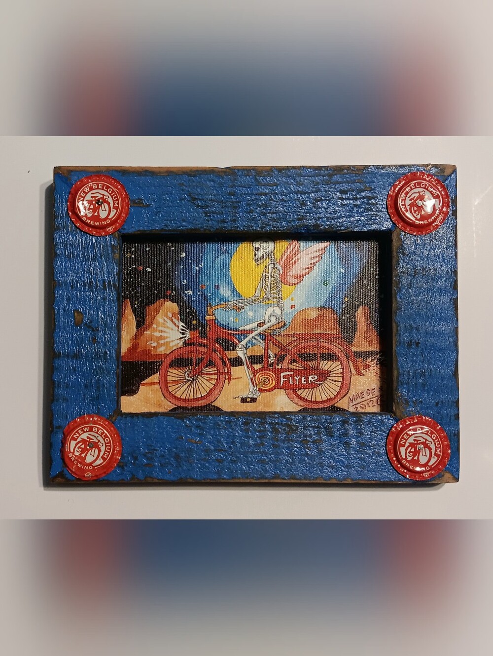 New Belgium Beer Flyer Bicycle Skeleton watercolor art framed signed Goth